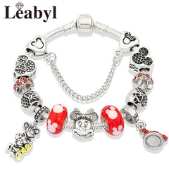 Cute Red Enamel Princess Dress Minnie Bracelet Silver Castle Bead Bracelet Diy Murano Crystal Charm Bracelet Pulseras