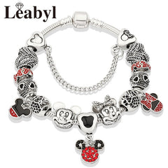 Cute Red Enamel Princess Dress Minnie Bracelet Silver Castle Bead Bracelet Diy Murano Crystal Charm Bracelet Pulseras