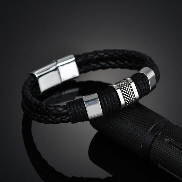 High Quality 2018 New Arrival Black Men PU Leather 1PC Punk Boys Unique Zinc Alloy Weave Knit Brown Bracelet Gifts