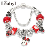 Cute Red Enamel Princess Dress Minnie Bracelet Silver Castle Bead Bracelet Diy Murano Crystal Charm Bracelet Pulseras