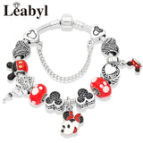 Cute Red Enamel Princess Dress Minnie Bracelet Silver Castle Bead Bracelet Diy Murano Crystal Charm Bracelet Pulseras