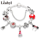 Cute Red Enamel Princess Dress Minnie Bracelet Silver Castle Bead Bracelet Diy Murano Crystal Charm Bracelet Pulseras