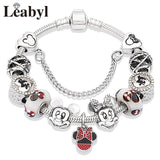 Cute Red Enamel Princess Dress Minnie Bracelet Silver Castle Bead Bracelet Diy Murano Crystal Charm Bracelet Pulseras