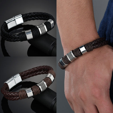 High Quality 2018 New Arrival Black Men PU Leather 1PC Punk Boys Unique Zinc Alloy Weave Knit Brown Bracelet Gifts