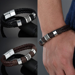 High Quality 2018 New Arrival Black Men PU Leather 1PC Punk Boys Unique Zinc Alloy Weave Knit Brown Bracelet Gifts